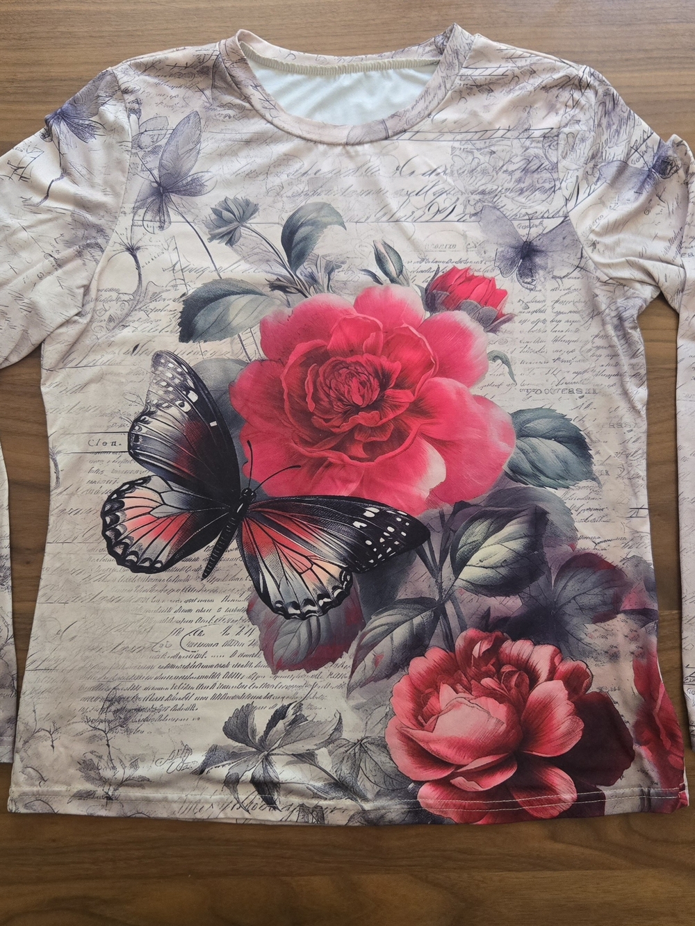 Floral Butterfly Long-Sleeve Womens Top in Pink